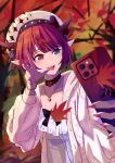  1girl absurdres autumn_leaves bow breasts cellphone detached_collar dress fangs heterochromia highres holding holding_phone hololive hololive_english horns hstsai_(david0621) irys_(casualrys)_(hololive) irys_(hololive) jewelry leaf looking_at_viewer multicolored_hair nail_polish official_alternate_costume phone pink_eyes pink_nails pointy_ears purple_hair red_hair smartphone smile v virtual_youtuber 