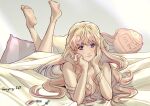  1girl barefoot blonde_hair blue_eyes blush breasts cleavage hands_on_own_cheeks hands_on_own_face head_tilt highres long_hair looking_at_viewer lying macross macross_frontier medium_breasts on_stomach pillow ryu_(masu_nantoka-san) sheryl_nome smile soles solo stuffed_animal stuffed_fish stuffed_toy the_pose under_covers very_long_hair 