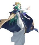  1girl aqua_hair cape crown dress fire_emblem fire_emblem:_three_houses fire_emblem_heroes flower full_body gold_trim green_eyes hair_ornament hand_up highres jewelry long_dress long_hair long_skirt long_sleeves looking_at_viewer looking_away non-web_source official_art open_mouth parted_bangs rhea_(fire_emblem) skirt solo teeth transparent_background upper_teeth_only white_dress zonotaida 