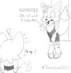  anthro bat bodily_fluids canid canine caught caught_by_surprise caught_off_guard clothed clothing covering covering_self crossdressing duo embarrassed female fox front_view fur hi_res male mammal miles_prower rear_view rouge_the_bat sega sketch sonic_the_hedgehog_(series) spandex standing surprise sweat sweatdrop teot text tight_clothing wardrobe white_body yellow_body yellow_fur 