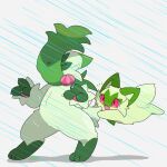  1:1 ambiguous_gender animated anthro biped duo eyes_closed feral floragato fur generation_9_pokemon green_body green_fur nintendo pawpads pink_eyes pokemon pokemon_(species) quadruped raining shadow simple_background sprigatito tontaro white_background 