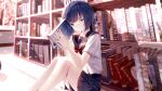  1girl atha_(leejuiping) blue_eyes blue_hair blue_sailor_collar blue_skirt blurry blurry_background book bookshelf bow commentary_request day depth_of_field feet_out_of_frame hands_up highres holding holding_book indoors kiritani_haruka knees_up looking_at_viewer open_book pleated_skirt project_sekai red_bow sailor_collar school_uniform serafuku shirt short_hair short_sleeves skirt solo white_shirt window 