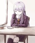  1girl black_ribbon braid brown_necktie closed_eyes closed_mouth cup danganronpa:_trigger_happy_havoc danganronpa_(series) flower gloves grey_hair hair_ribbon highres holding holding_cup jacket kirigiri_kyoko long_hair long_sleeves miniskirt necktie open_clothes open_jacket plate pleated_skirt purple_gloves purple_jacket ribbon simple_background skirt solo spoon table white_background xixi_shi-goto 