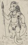  anthro armadillo athletic black_and_white ear_piercing forest iscofish jungle lizard looking_at_viewer male mammal markings melee_weapon monochrome piercing plant polearm reptile scalie simple_background solo spear tree tribal tribal_clothing tribal_markings weapon xenarthran 