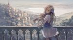  1girl blonde_hair blue_flower building closed_mouth commentary_request dress flower hair_flower hair_ornament hair_over_one_eye hotatenshi long_hair long_sleeves looking_at_viewer looking_back original outdoors railing standing suitcase white_dress 