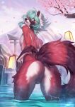  ailurid anthro anus backsack balls blue_hair butt cherry_blossom cherry_tree fluffy fluffy_tail fruit_tree fur genitals girly hair hi_res hot_spring japanese looking_back male mammal mika_(hootsalot) mountain nude partially_submerged plant rear_view red_body red_fur red_panda smile solo standing_in_water tail tlt_echelon tree water 
