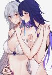  2girls ahoge alternate_costume blue_eyes blue_hair blue_nails blush bra breasts bronya_rand collarbone colored_inner_hair couple crossed_bangs english_commentary grey_hair hair_between_eyes hand_on_another&#039;s_shoulder hand_on_another&#039;s_stomach honkai:_star_rail honkai_(series) large_breasts looking_at_another multicolored_hair multiple_girls navel piiroinardesco seele_(honkai:_star_rail) simple_background underwear upper_body white_background white_bra yuri 