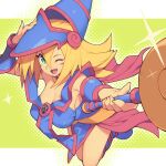  1girl bare_shoulders blonde_hair blue_footwear blush blush_stickers breasts cleavage collar collarbone dark_magician_girl duel_monster green_background green_eyes hat large_breasts long_hair looking_at_viewer metata one_eye_closed open_mouth solo star_(symbol) wand witch_hat yu-gi-oh! 