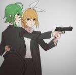  2girls aiming black_coat black_eyes black_pants blonde_hair bow bow_hairband coat dress_shirt finger_on_trigger formal from_side green_hair grey_background gumi gun hairband hand_on_another&#039;s_back holding holding_gun holding_hands holding_weapon kagamine_rin light_frown multiple_girls outstretched_arm pants shirt short_hair_with_long_locks sidelocks suit upper_body vocaloid weapon white_bow white_shirt wounds404 
