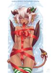  2021 barefoot bell bell_earrings body_markings bound bow breasts christmas dark-skinned_female dark_skin demon_girl demon_horns demon_tail demon_wings earrings gift_wrapping horns jewelry jingle_bell looking_at_viewer maxa&#039; mistletoe mistletoe_hair_ornament mouth_hold original patreon_username pointy_ears purple_eyes red_ribbon ribbon shiny_skin signature small_breasts socks spiked_hair striped striped_socks tail tail_bell tail_ornament tied_up_(nonsexual) white_background white_hair wings xania_(maxa&#039;) 