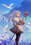  1girl bird blue_flower blue_sky boots brown_footwear closed_mouth cloud commentary day earrings elf english_commentary field flower flower_field frieren green_eyes highres holding holding_staff jewelry long_hair lucidsky mage_staff outdoors pointy_ears skirt sky solo sousou_no_frieren staff standing twintails white_hair white_skirt 