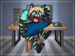  anthro black_body black_fur bottomless briefs clothed clothing computer embarrassed felid feline fur green_eyes green_markings hasbro hoodie koneko_binx_shadowpaw male mammal markings my_little_pony non_nude open_mouth pantherine solo tiger topwear underwear veemonsito 