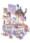  3girls aioi_yuuko animal bamboo_shoot black_eyes black_hair blue_eyes blue_hair book brown_eyes brown_hair cardigan chair cube_hair_ornament daruma_doll deer desk dog glasses hair_ornament highres holding holding_book long_hair long_sleeves minakami_mai multiple_girls naganohara_mio nakamori_kemuri nichijou open_book pleated_skirt reading red_skirt salmon school_chair school_desk school_uniform shoes short_hair short_twintails sitting skirt socks tokisadame_school_uniform twintails white_footwear white_socks yellow_cardigan 