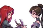  2girls blush brown_hair character_request closed_eyes english_commentary from_side hair_bun holding holding_weapon katarina_(league_of_legends) league_of_legends long_hair multiple_girls off_shoulder phantom_ix_row ponytail profile red_hair shoulder_plates simple_background single_hair_bun upper_body weapon white_background 