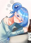  1girl absurdres aqua_(konosuba) blue_eyes blue_hair blue_pajamas blue_shirt blush bottle drunk glass hair_between_eyes hair_ornament hair_rings harusame_soup highres kono_subarashii_sekai_ni_shukufuku_wo! long_hair looking_at_viewer pajamas shirt simple_background single_hair_ring smile solo table tongue tongue_out 