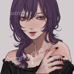  1girl black_shirt closed_mouth collarbone commission hair_between_eyes hand_on_own_shoulder hand_up highres kagoya1219 long_hair looking_at_viewer off-shoulder_shirt off_shoulder original portrait purple_eyes purple_hair sample_watermark shirt simple_background solo watermark white_background 
