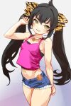  1girl absurdres black_hair bow camisole cowboy_shot denim denim_shorts grin guchurimu_genrishugi hair_bow hand_up highres idolmaster idolmaster_cinderella_girls idolmaster_cinderella_girls_u149 long_hair looking_at_viewer matoba_risa midriff navel pink_camisole shorts smile solo teeth twintails yellow_eyes 