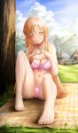  1girl ^_^ absurdres asuna_(sao) bare_arms bare_legs bare_shoulders barefoot blanket blush bra braid breasts chinese_commentary cleavage closed_eyes cloud clover collarbone commentary_request commission day eyelashes facing_viewer feet foreshortening four-leaf_clover french_braid frilled_bra frilled_panties frills full_body grass grin hair_over_shoulder hands_up heart heart_hands highres knees_up large_breasts long_hair nail_polish navel orange_hair outdoors panties pink_bra pink_nails pink_panties pixiv_commission plaid_blanket royboy shiny_skin sidelocks sitting smile straight_hair sword_art_online thighs toenail_polish toenails toes tree underwear very_long_hair 