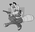  2023 absurd_res anthro ash_(buxy) big_breasts bottomwear breasts buxy canid canine clothed clothing digital_drawing_(artwork) digital_media_(artwork) dual_wielding female front_view greyscale gun hair handgun hi_res holding_gun holding_handgun holding_object holding_weapon looking_at_viewer mammal midriff monochrome navel pistol raccoon_dog ranged_weapon silencer simple_background smile solo tail tanuki topwear weapon 