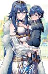  1boy 1girl :o aged_down alternate_costume ameno_(a_meno0) armor armored_dress bare_shoulders belt blue_cape blue_eyes blue_footwear blue_hair blue_shirt blue_shorts breastplate brown_belt cape carrying carrying_person chrom_(fire_emblem) closed_mouth crossed_belts detached_sleeves dress father_and_daughter fire_emblem fire_emblem_awakening fur-trimmed_cape fur_trim hair_between_eyes highres jewelry long_hair lucina_(fire_emblem) male_child see-through shirt shoes short_hair short_sleeves shorts smile tiara white_dress white_sleeves 