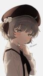  1girl ahoge arm_at_side backlighting beret blush brown_eyes brown_hair closed_mouth collared_shirt commentary dated fingernails flower from_side grey_eyes grey_hair half-closed_eyes hand_on_own_chin hand_up hat hat_flower hat_ribbon hatoba_tsugu head_tilt highres light light_frown long_sleeves looking_to_the_side medium_hair mole mole_under_eye neck_ribbon raised_eyebrows ribbon sha2mo shirt signature simple_background single_hair_ring solo suspenders tsugu_(vtuber) white_background white_flower white_shirt 