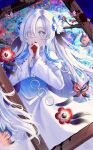  1girl abstract_background blood blood_stain blue_dress blue_hair branch bug butterfly creature dress familiar flower grey_eyes hair_flower hair_ornament hair_over_one_eye heterochromia highres isekai_joucho kamitsubaki_studio long_hair long_sleeves multicolored_hair own_hands_together picture_frame red_eyes solo two-tone_dress two-tone_hair upper_body virtual_youtuber white_dress white_hair yang_yang030 
