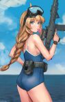  1girl absurdres ahoge ammunition_pouch ass assault_rifle bare_shoulders blue_one-piece_swimsuit blue_sky braid braided_ponytail breasts brown_hair chewing_gum cloud diving_mask diving_mask_on_head goggles goggles_on_head grey_eyes gun highres holding holding_gun holding_weapon indie_virtual_youtuber load_bearing_vest long_hair looking_at_viewer magazine_(weapon) mario_(inverse_atelier) one-piece_swimsuit pouch rifle scope sky small_breasts solo swimsuit trigger_discipline watch water weapon whiskey_project wristwatch 