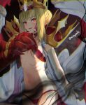  1girl ahoge aona_(anagasaki) bikini blonde_hair braid breasts criss-cross_halter crown dragon_claw dragon_tail elbow_gloves facial_mark fate/grand_order fate_(series) french_braid gloves hair_bun hair_intakes hair_ribbon halterneck highres long_hair looking_at_viewer navel nero_claudius_(fate) open_clothes open_mouth queen_draco_(fate) red_bikini red_eyes red_ribbon ribbon robe scales small_breasts smile solo swimsuit tail thighs white_gloves white_robe 