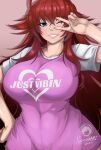  1girl 2020 ahoge blue_eyes breasts commentary commission dated english_commentary heart high_school_dxd large_breasts long_hair looking_at_viewer noxcuro one_eye_closed parted_lips red_hair rias_gremory short_sleeves smile solo teeth v watermark 