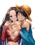  1boy 1girl artist_name bad_id bare_shoulders black_eyes black_hair blue_eyes blue_shirt boa_hancock cheek-to-cheek chio095 closed_mouth earrings hat heads_together hug jewelry long_hair looking_at_another monkey_d._luffy navel one_eye_closed one_piece scar scar_on_cheek scar_on_face shirt short_hair simple_background sleeveless sleeveless_shirt smile snake_earrings straw_hat teeth white_background 