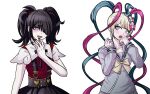  2girls ame-chan_(needy_girl_overdose) bini_(xocolatl_501) black_hair black_nails black_ribbon blonde_hair blue_bow blue_hair blue_sailor_collar blush bow bowtie chouzetsusaikawa_tenshi-chan danganronpa_(series) danganronpa_2:_goodbye_despair derivative_work dual_persona grey_eyes hair_bow hair_ornament hair_over_one_eye highres komatsuzaki_rui_(style) long_hair long_sleeves looking_at_viewer multicolored_nails multiple_girls multiple_hair_bows neck_ribbon needy_girl_overdose open_mouth pink_bow pink_hair purple_bow purple_eyes quad_tails red_nails ribbon sailor_collar school_uniform serafuku shaded_face short_sleeves simple_background skirt smile suspender_skirt suspenders twintails white_background x_hair_ornament yellow_bow 