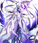  1girl attack dress english_commentary fire_emblem fire_emblem_heroes ginnungagap_(fire_emblem) gloves glowing glowing_weapon highres horns hou_(ppo) mask mechanical_horns multicolored_hair official_art one-eyed outstretched_arms purple_hair shine solo tentacle_hair transparent_background two-tone_hair weapon white_dress white_gloves white_hair white_mask 