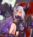  1girl absurdres ahoge annmitsu114 ascot black_horns braid chair demon_horns eyelashes fang highres hololive horns la+_darknesss la+_darknesss_(1st_costume) long_hair multicolored_hair open_mouth panties pantyshot pointy_ears purple_thighhighs single_thighhigh sleeves_past_fingers sleeves_past_wrists streaked_hair striped_horns thighhighs thighs underwear very_long_hair virtual_youtuber white_panties yellow_ascot yellow_eyes 