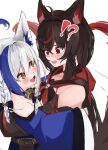  !? @_@ absurdres ahoge animal_ear_fluff animal_ears aomiya_yozuri black_bow black_hair black_hoodie black_shorts blue_hair blue_shirt blush bow braid cat_ears cat_girl cat_tail commentary_request detached_sleeves earrings fang fox_ears fox_girl fox_tail goggles goggles_around_neck hair_between_eyes hair_bow hands_on_another&#039;s_shoulders highres hololive hood hoodie hug jewelry kurokami_fubuki long_hair looking_at_another midriff multicolored_hair navel neckerchief open_mouth red_hair red_neckerchief shirt short_shorts shorts sidelocks simple_background single_braid siyara_amau smile streaked_hair sweat tail twin_braids vee_(vtuber) virtual_youtuber white_background white_hair 
