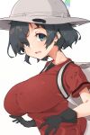 1girl alternate_breast_size backpack bag black_hair black_shirt blue_eyes blush breasts hat highres huge_breasts kaban_(kemono_friends) kemono_friends looking_at_viewer open_mouth red_shirt shirt short_hair short_sleeves simple_background solo spy_(user_jxcc8553) white_background white_headwear 