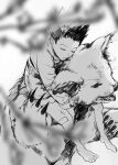  1boy almostghost animal bandaid bandaid_on_leg barefoot closed_eyes from_above full_body gon_freecss highres hunter_x_hunter jacket kon_(hunter_x_hunter) leaning_on_animal long_sleeves male_child male_focus monochrome outdoors shorts sleeping spiked_hair 