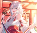  1girl bare_shoulders blue_eyes bow braid breasts dress_bow flower front_bow hair_flower hair_ornament holding japanese_clothes long_hair long_sleeves looking_at_viewer lyseria_christaria medium_breasts miko off_shoulder official_art open_mouth outdoors red_bow seiken_gakuin_no_maken_tsukai single_braid smile solo sunlight tassel toosaka_asagi white_hair wide_sleeves 