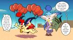  after_transformation antennae_(anatomy) balloon bottomwear clothing dialogue erakir implied_transformation inflatable ivalician_moogle jacket pom_antennae scarf shorts tail topwear transformation trevor-fox wings 