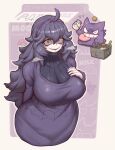  1girl @_@ absurdres ahoge black_sweater breasts crazy_eyes crazy_smile domaguri dress flying_sweatdrops gengar grin hair_between_eyes hairband hex_maniac_(pokemon) highres large_breasts long_hair long_sleeves looking_at_viewer messy_hair open_mouth poke_ball poke_ball_(basic) pokemon pokemon_(creature) pokemon_(game) pokemon_xy purple_dress purple_hairband purple_nails smile sweater tongue tongue_out turtleneck turtleneck_sweater 