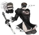  2boys adeliae bara black_blindfold black_dress black_hair blindfold chris_redfield cosplay covered_eyes dress english_text highres holding holding_sword holding_weapon juliet_sleeves large_pectorals long_sleeves male_focus multiple_boys muscular muscular_male nier:automata nier_(series) pectorals piers_nivans puffy_sleeves resident_evil resident_evil_6 short_hair simple_background sword thighs weapon white_background yorha_no._2_type_b yorha_no._2_type_b_(cosplay) yorha_no._9_type_s yorha_no._9_type_s_(cosplay) 