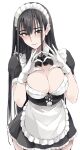  1girl apron black_dress black_hair blush breasts brown_eyes cleavage closed_mouth commentary dress frilled_apron frilled_dress frills garter_straps gloves hair_between_eyes heart heart_hands highres large_breasts long_hair looking_at_viewer maid maid_headdress original puffy_short_sleeves puffy_sleeves short_sleeves simple_background solo symbol-only_commentary waist_apron white_apron white_background white_gloves zekkyon 