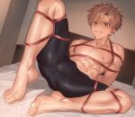  1boy abs arms_behind_back ass barefoot bdsm bed bike_shorts black_shorts blush bondage bound bound_arms bound_legs brown_eyes brown_hair bulge clenched_teeth collarbone commentary_request crotch_seam dutch_angle feet highres indoors knee_up looking_at_viewer male_focus nayoshi_(r-744) nipples on_bed original paid_reward_available parted_bangs pectorals reclining red_rope rope shibari shibari_over_clothes shiny_clothes short_hair shorts solo spiked_hair spread_legs taut_clothes taut_shorts teeth toes toned toned_male variant_set 