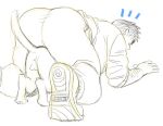  1boy all_fours arm_hair ass bara cat cat_testicles dickfish_(fishismdick) graphite_(medium) john_rottweil_(dickfish) male_focus notice_lines on_animal original shoes short_hair sketch sneakers solo spot_color thick_eyebrows thighs traditional_media 