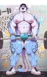  2023 anthro barbell big_pecs bulge clothing felid footwear hi_res male mammal muscular muscular_male nipples pan_(sxfpantera) pantheradraws pantherine pecs shoes sneakers snow_leopard solo standing underwear 