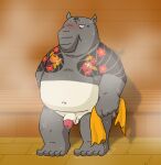  2023 anthro blush bodily_fluids genitals grey_body hi_res humanoid_genitalia humanoid_penis huydacanid kuroda_(odd_taxi) male mammal overweight overweight_male penis sauna simple_background solo steam sweat tapir tattoo towel 