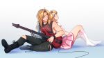  1boy 1girl aiphelix alternate_costume bare_shoulders black_pants blonde_hair blue_eyes blush edward_elric electric_guitar fullmetal_alchemist guitar happy highres holding holding_instrument instrument jewelry long_hair looking_at_another looking_at_viewer mechanical_arms multiple_rings music pants pink_skirt playing_instrument pleated_skirt print_shirt prosthesis ring shirt short_sleeves simple_background single_mechanical_arm sitting skirt smile socks t-shirt torn_clothes torn_pants white_shirt white_socks winry_rockbell yellow_eyes 