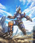  blue_eyes blue_sky cityscape contrapposto earth_garon highres mechanical_arms no_humans open_hands open_mouth outstretched_arms robot robuja sky spread_arms stomping tail ultra_series ultraman_blazar_(series) 