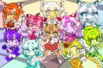  6+girls :/ ;) ;d alternate_design animal_ears animal_print arm_at_side arm_up arms_at_sides bangs bat_wings breast_pocket byakko_(kemono_friends) chibi closed_mouth collared_shirt colored_inner_hair colorful drill_hair elbow_gloves empty_eyes expressionless extra_ears facial_mark fang fang_out fangs fire flower forehead_mark garter_straps gloves golden_tabby_tiger_(kemono_friends) hand_up hat heterochromia highres holding holding_flower holding_sword holding_weapon jacket kemono_friends legs_apart light_smile long_hair long_sleeves looking_at_another looking_at_viewer maltese_tiger_(kemono_friends) medium_hair mini_hat mini_top_hat multicolored_hair multiple_girls necktie one_eye_closed open_mouth outstretched_arm plaid plaid_jacket plaid_necktie plaid_sleeves plaid_vest pocket print_gloves print_thighhighs rose saber_(weapon) shirt short_sleeves siberian_tiger_(kemono_friends) sleeveless sleeveless_shirt smile smilodon_(kemono_friends) south_china_tiger_(kemono_friends) srd_(srdsrd01) standing streaked_hair sumatran_tiger_(kemono_friends) sweater_vest sword tail thighhighs tiger_(kemono_friends) tiger_ears tiger_girl tiger_print tiger_tail tilted_headwear top_hat twintails v v-shaped_eyebrows vest weapon white_tiger_(kemono_friends) white_tiger_print wings zettai_ryouiki 