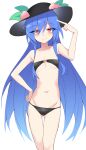  1girl bad_arm bad_perspective bikini black_bikini black_headwear blue_hair collarbone e.o. food fruit hand_on_own_hip hat highres hinanawi_tenshi long_hair looking_at_viewer navel paid_reward_available peach petite red_eyes simple_background skinny smile solo strapless strapless_bikini swimsuit thigh_gap touhou very_long_hair white_background 