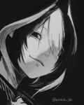  1girl asanann_chan black_background greyscale hair_over_one_eye highres made_in_abyss monochrome multicolored_hair ozen portrait short_hair simple_background smile solo twitter_username 